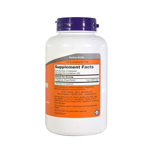 스태미나 개선을 돕는 나우푸드 아르기닌 500 mg, 250 캡슐